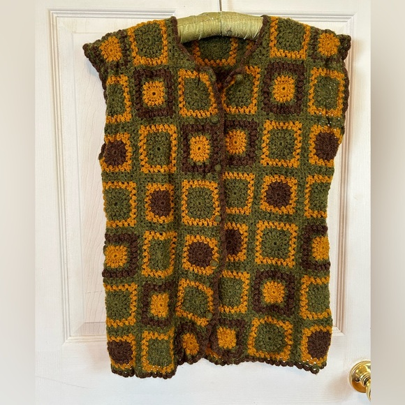 Vintage Sweaters - Vintage Crochet Granny Square Sweater Vest Groovy 70s Green Brown Gold Retro